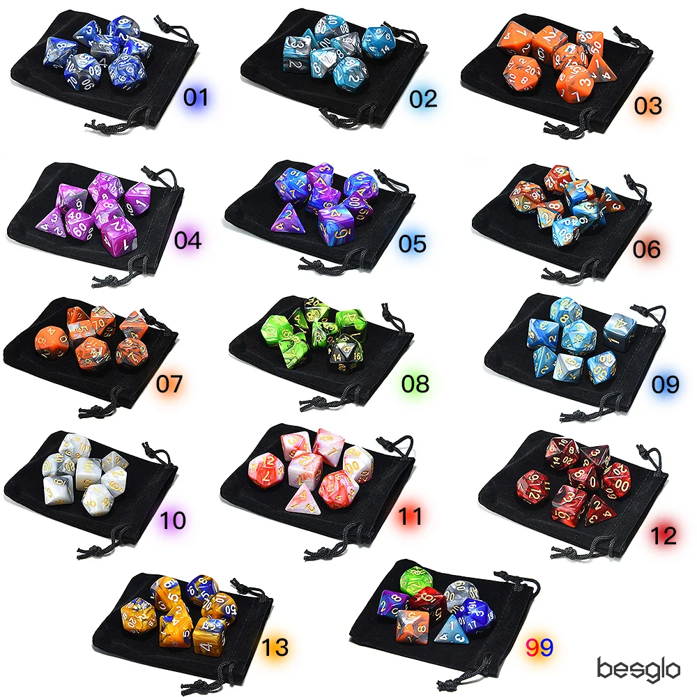 Mixed Color Dice Set for RPG Games with Black Velvet Pouch D4 D6 D8 D10 D% D12 D20