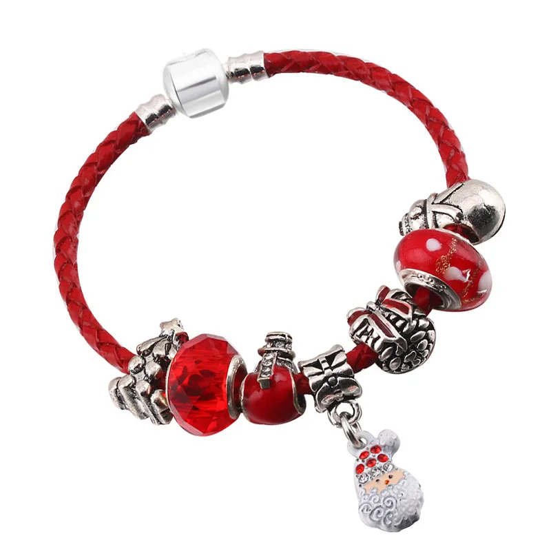 Рождественские ювелирные изделия браслеты с Санта Клаусом бусины рождественская елка кожаная цепочка тонкие браслеты для женщин подарок для детей - Окраска металла: Red 004