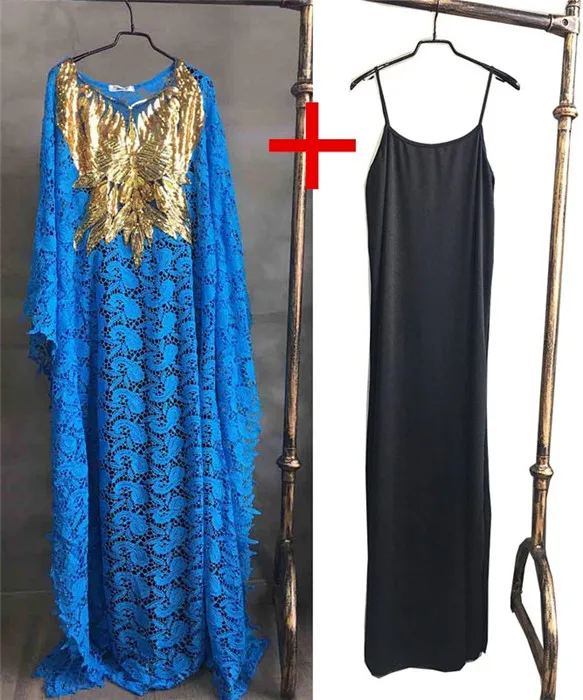 Blue 2 piece set Супер размер, обхват груди 140 см, стиль, африканская Женская Дашики, Водорастворимая кружевная Свободная юбка с пайетками, вышивка бисером, длинное платье - Цвет: Blue 2 piece set