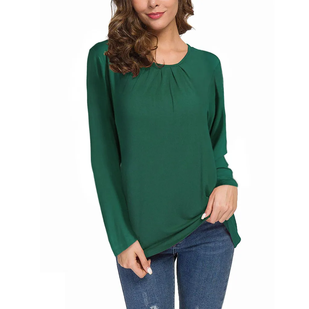 Women Hot blouse Women's Casual Solid Shirt Round Neck Pleated Back Closure Button Blouse Top womens blouses and tops