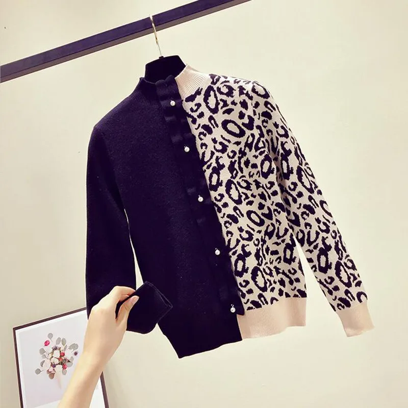 Леопардовым принтом лоскутное Ruffled свитера с длинным рукавом жемчуг бисером вязаные пуловеры топы