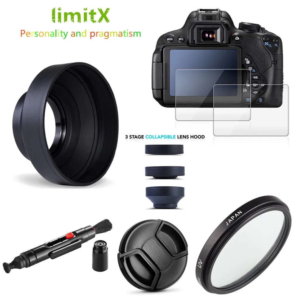 UV Filter + Lens Hood + Cap + Cleaning pen + 9H Tempered Glass LCD