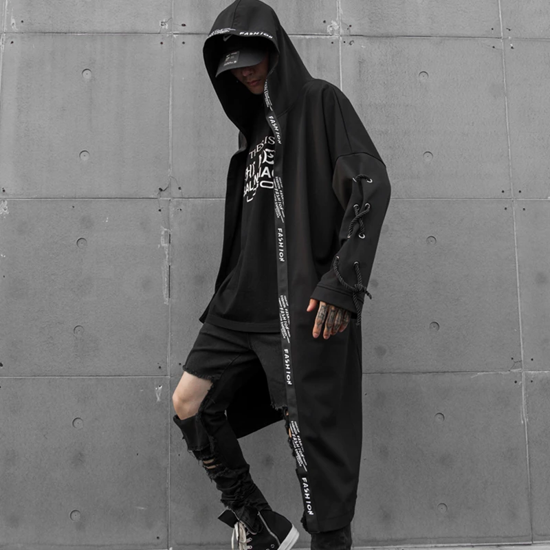 Long Punk rock trench coat with hood men Black color Irregular Autumn Spring Korean stylish | Мужская одежда