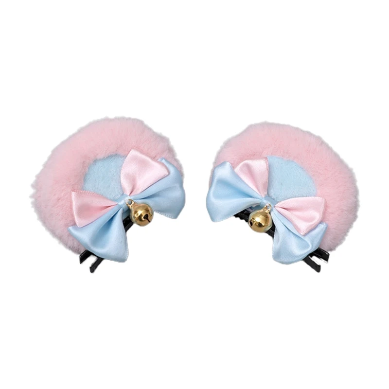 Handmade Faux Fur Round Bear Ears Hair Clip Sweet Double Bowknot Bell Plush Animal Hairpins Anime Lolita Kawaii Cosplay Barrette halloween costumes Cosplay Costumes