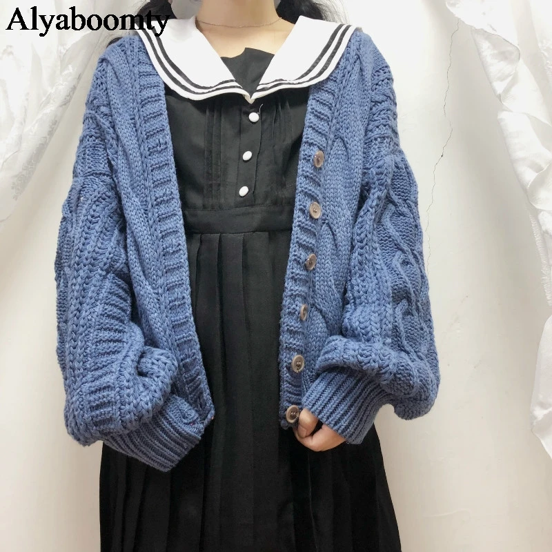 

Japanese Lolita Style Autumn Winter Women Short Sweater Beige Blue Purple Cute Knitted Cardigan Thick Warm Kawaii Girl Outerwear
