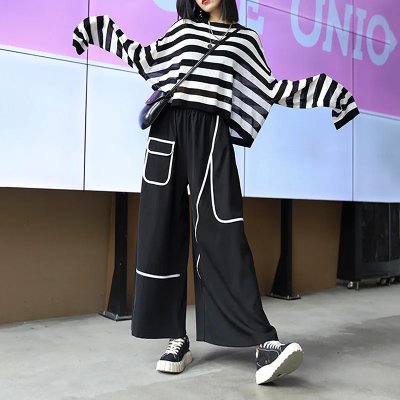 [EAM] High Elastic Waist Black Pocket Split Long Wide Leg Trousers New Loose Fit Pants Women Fashion Spring Autumn 2020 1X812