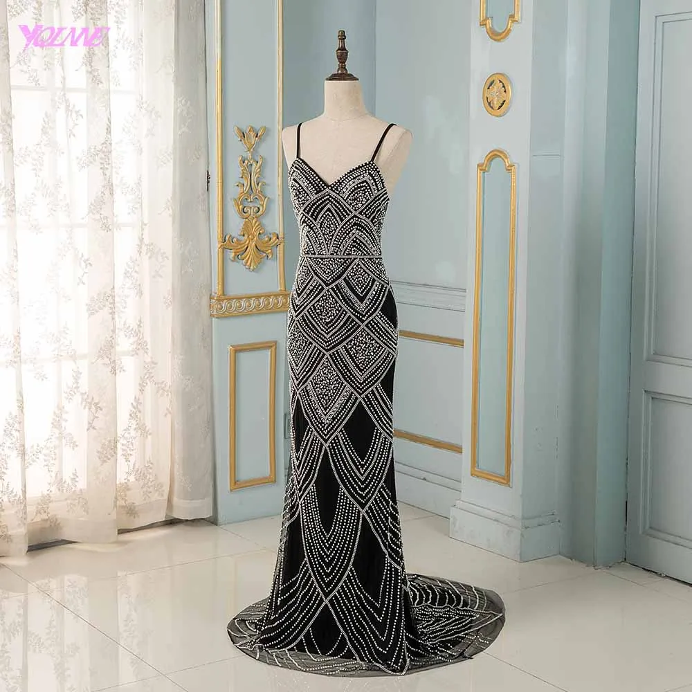 YQLNNE Robe De Soiree сексуальные черные вечерние платья на тонких бретельках длинное вечернее платье с бисером