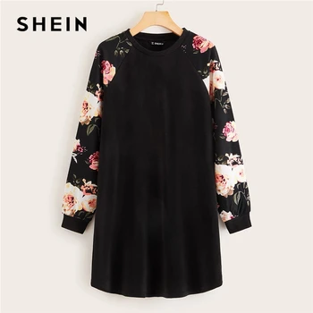 

SHEIN Black Floral Raglan Sleeve T-shirt Dress Women Spring Autumn Long Sleeve Round Neck Casual Loose Straight Short Dresses