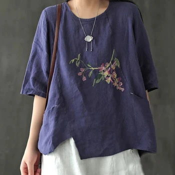 

Summer New Arts Style Women Short Sleeve Loose Tee Shirt Femme Cotton Linen Vintage Embroidery Floral T-shirt Plus Size S699