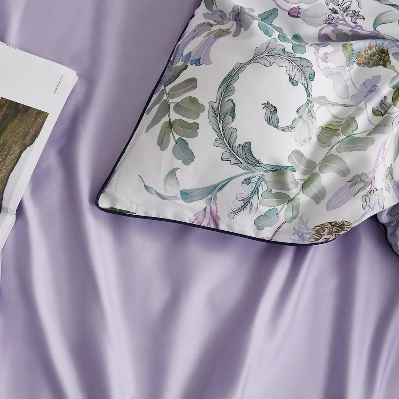 Фиолетовый пасторальный принцесса пододеяльник Королева Король Размер Египетский хлопок сатин постельное белье зеленый постельное белье с цветочным узором простыня