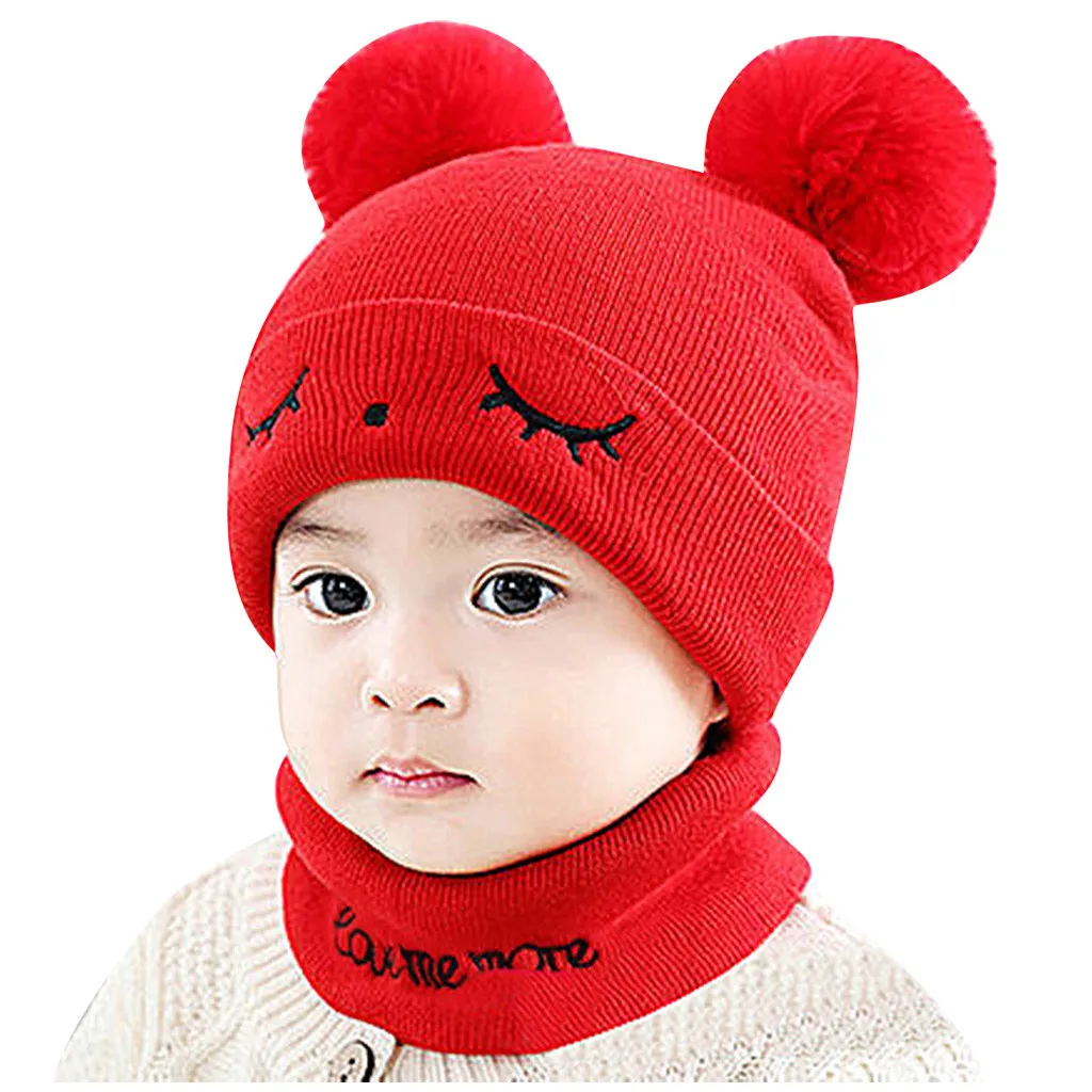 Cute Eyelash Caps For Newborn Kids Baby Boy Girl Pom Hat Winter Warm Knit Bobble Beanie Cap Scarf Set Drop Shipping - Цвет: Red