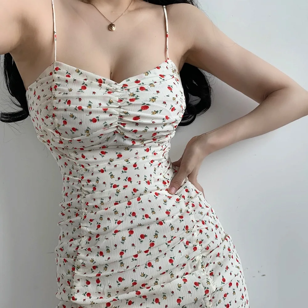 Mini slim fit bag hip dress summer tube top suspender dress chiffon small floral dress sexy
