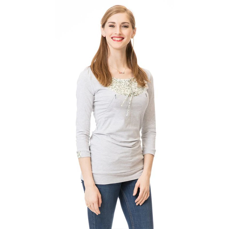 light grey Блузка-Пижама для беременных, топы, рубашка, одежда для кормящих матерей, футболка для женщин, Кружевная комбинация для беременных и кормящих детей - Цвет: light grey