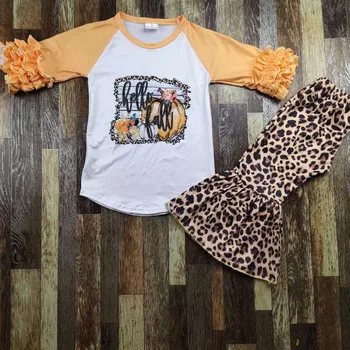 

solid color ruffle sleeve pumpkin shirt with Leopard Print pant girl clothing set