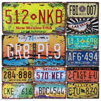 

Car Number Metal Tin Sign Alaska NewYork Carlifornia Art Poster Shabby Plaque Iron Poster Pub Wall Stickers