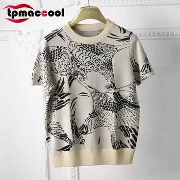 

Tpmaccool High End Luxury Designer Women tshirt Spring Peacock Jacquard round Neck Pullover Stretch knitted Tops t shirt S-M