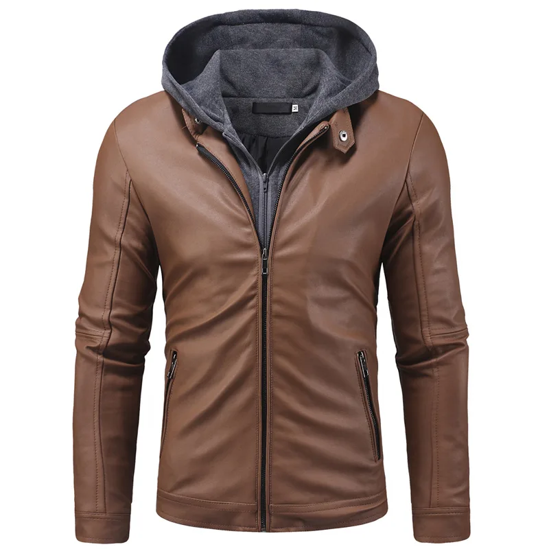 Осень и зима стиль Европа и Америка Мужская классическая Двойная застежка-молния кожаная куртка с капюшоном приталенный локомотив