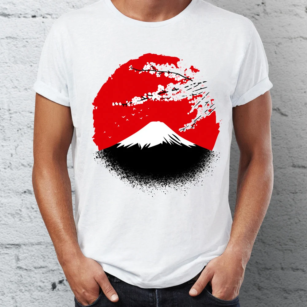 

Men's T Shirt Mount Fuji and Cherry Blossom Artsy Japanese Scenery Mens Tshirt Hip Hop Streetwear New Arrival Male Clothes