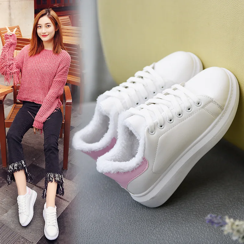 

2020 New Female White Winter Shoes Women Thick BottomPlush Warm Cotton Shoes Platform Sneakers Causal Faux Fur Shoes