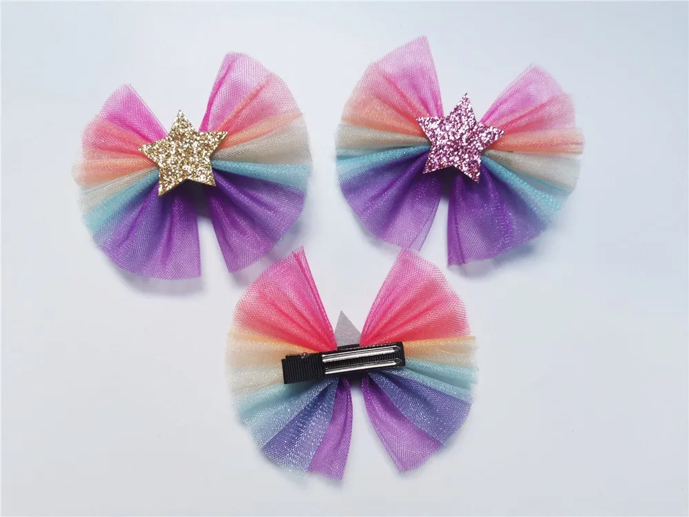 15pcs Fashion Cute Glitter Star Mesh Bow Hairpins Gradient Rainbow Bowknot Hair Clips Princess Headwear Girls Hair Accessories