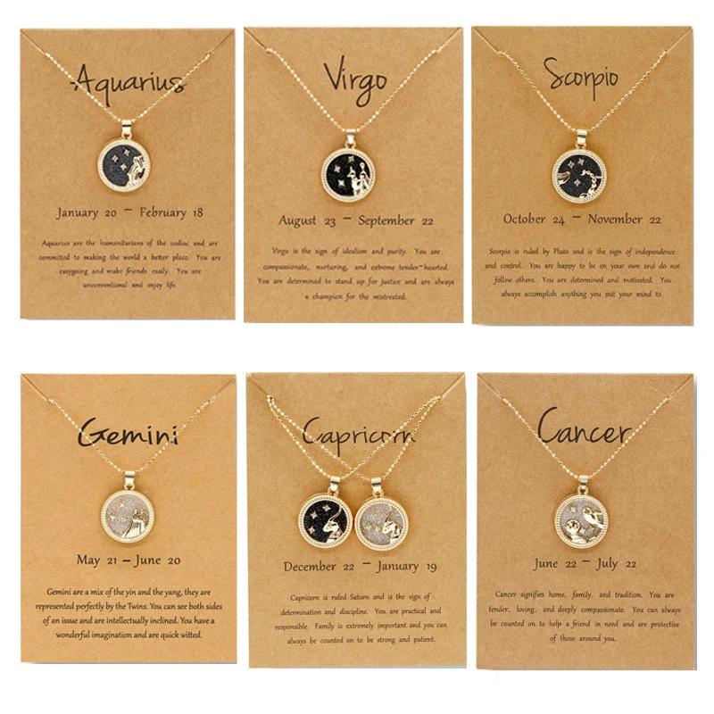 12 Constellation Pendant Necklace For Women Men Zodiac Sign Aquarius Leo Libra Aries Wish Card Fashion Jewelry Birthday Gifts | Украшения и