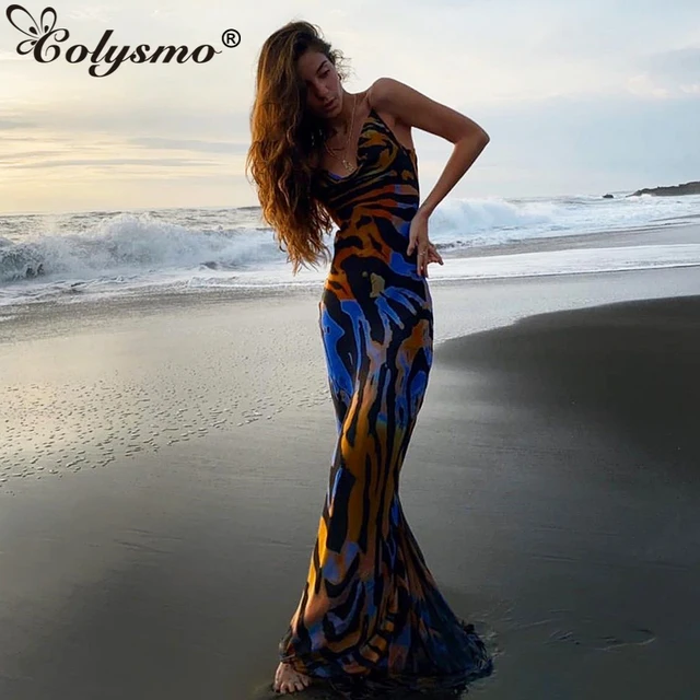 Colysmo Print Maxi Dress Women Sexy Low Cut Cowl Neck Back Lace Up Sexy Dresses Seaside Party Club Wear Long Dress 2020 New 1