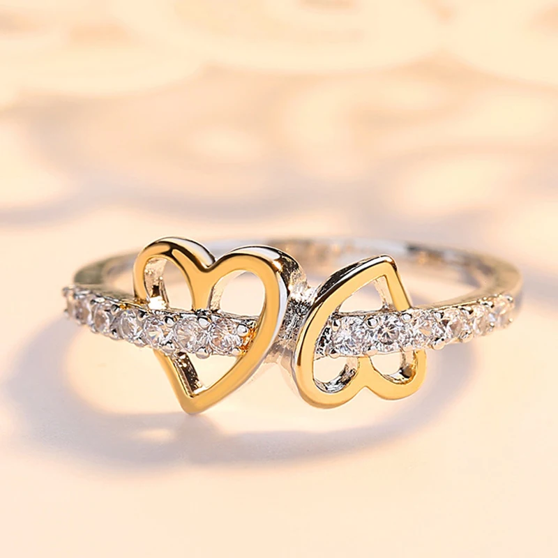 

Beiver Fashion Hollow Heart Zircon Gold Engagement Ring for Woman Two-tone Rhinestone Wedding Rings for Women Jewelry Ring