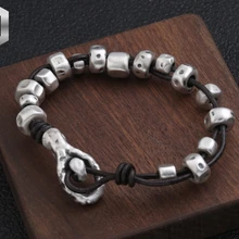 S999 модные серебряные ювелирные изделия, персонализированные тайские серебряные Простые трендовые Креативные 3D жесткие серебряные кожаные браслеты для мужчин