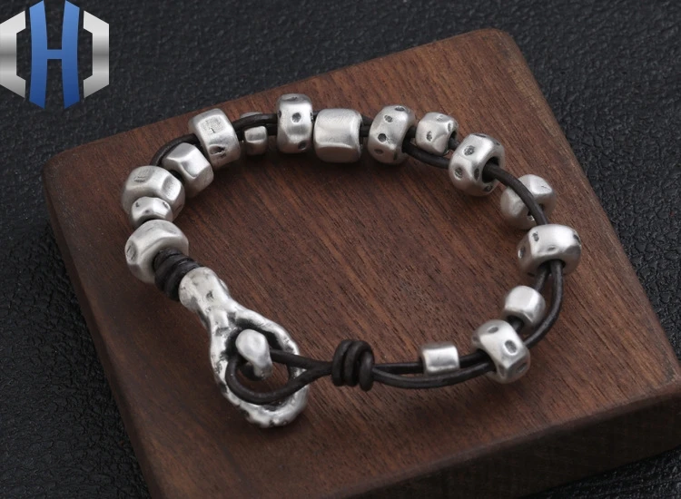 

S999 Fashion Silver Jewelry Personalized Thai Silver Simple Trend Creative 3D Hard Silver Leather Bracelet Men