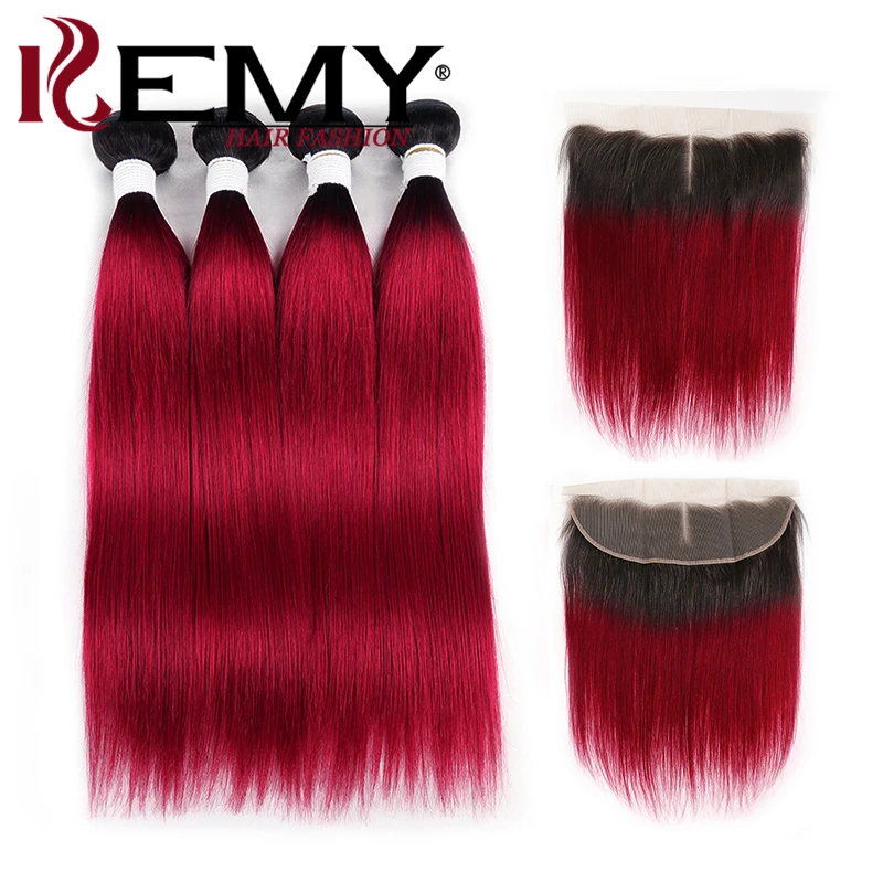 Омбре красные человеческие волосы пряди с фронтальной Кеми волос два тона 1B/99J бразильские пучки прямых и волнистых волос с закрытием не Реми - Цвет: 1B-BURG