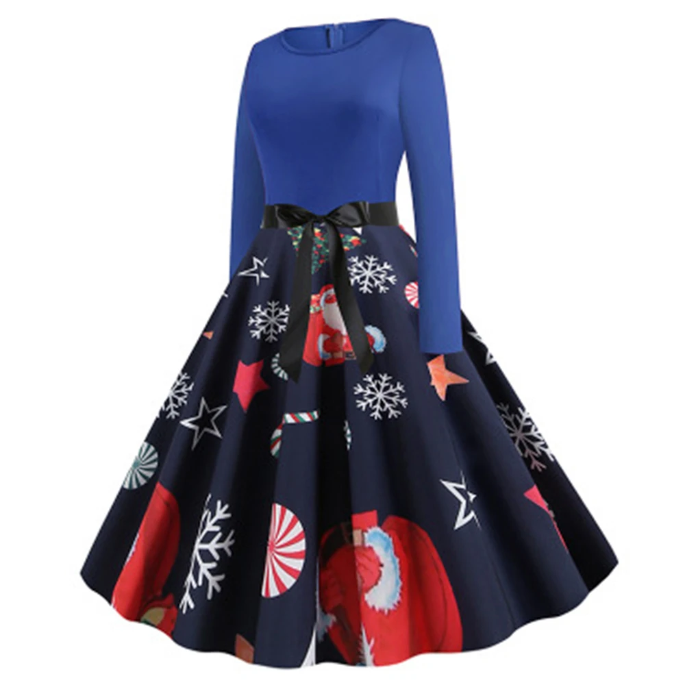 Женское осенне-зимнее рождественское платье винтажное платье с принтом на талии и завязками, большой халат большого размера 5XL в стиле пэчворк Vestidos