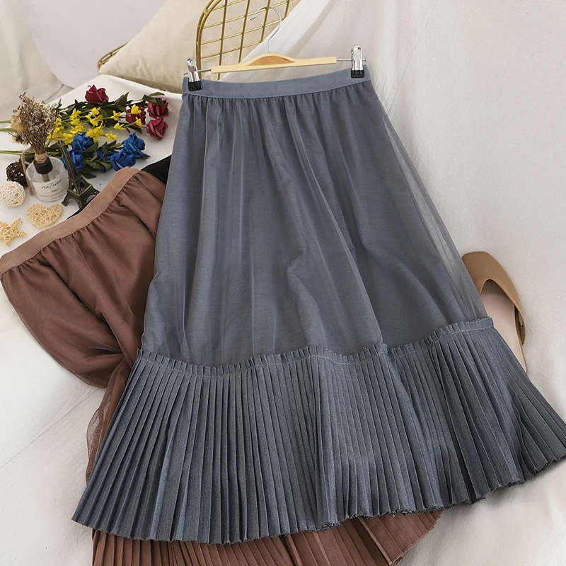 Осень Зима 2019 новая Корейская юбка средней длины с завышенной талией трапециевидной формы с подолом, плиссированная юбка для женщин