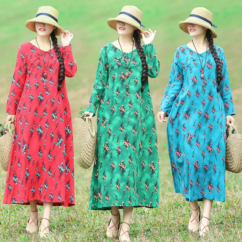 

2019 Spring Clothing New Style WOMEN'S Dress Cotton Linen Printed Retro National Wind Frog Long Sleeve Mid-length Dress