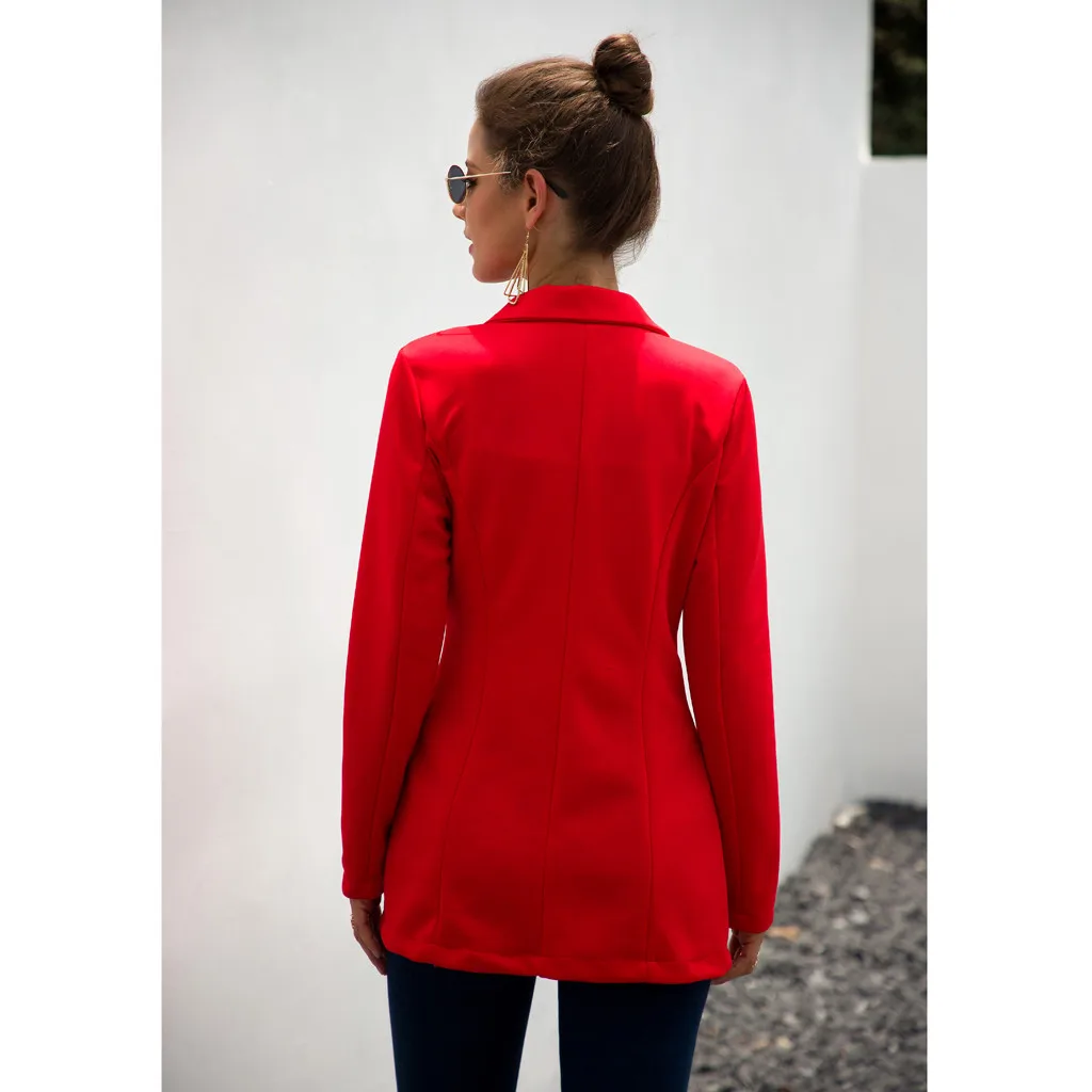 Женский красный пиджак, деловой Блейзер, Свободный Топ, длинный рукав, куртка для женщин, для работы, офиса, одежда с карманами, Женский блейзер, костюм, верхняя одежда