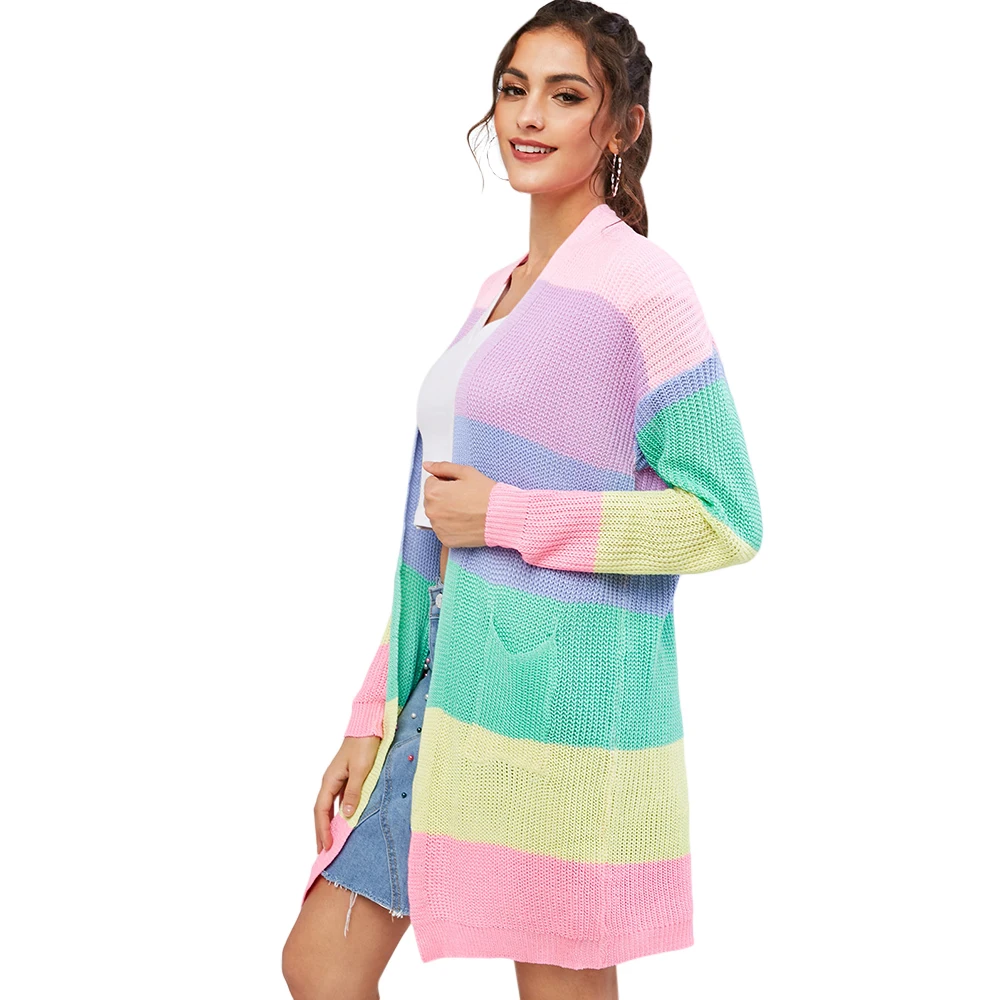 ZAFUL, открытый перед, цветной, в полоску, кардиган, пэчворк, в полоску, для женщин, без воротника, с карманами, длинные свитера, осень, кардиган