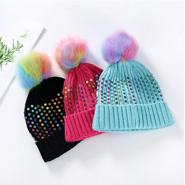 

Colorful mao qiu mao Colorful Sequin Handmade Sewing Autumn And Winter Knitted Hat Adult Female Fashion Windproof Cold Warm Hat