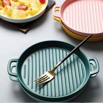 

Ceramic Round Binaural Dessert Plate Oven Pizza Bread Dessert Baking Pan Steak Dumpling Tableware Kitchen Decorative Tableware