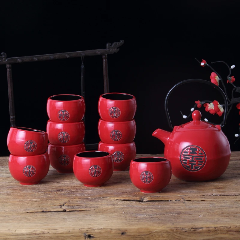 As shown Chinese traditional wedding ceramic tea set Red Double Happiness Teapot Newlywed Gift Home Tea Set Accessories WSHYUFEI - Цвет: As shown