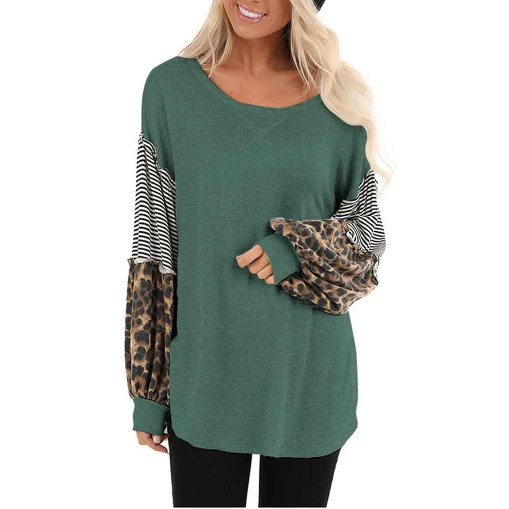 Feitong, женская футболка, Леопардовый принт, длинный рукав, o-образный вырез, Сращивание, полосатые, повседневные топы, пэчворк, пуловеры, футболки, женская одежда - Цвет: Зеленый