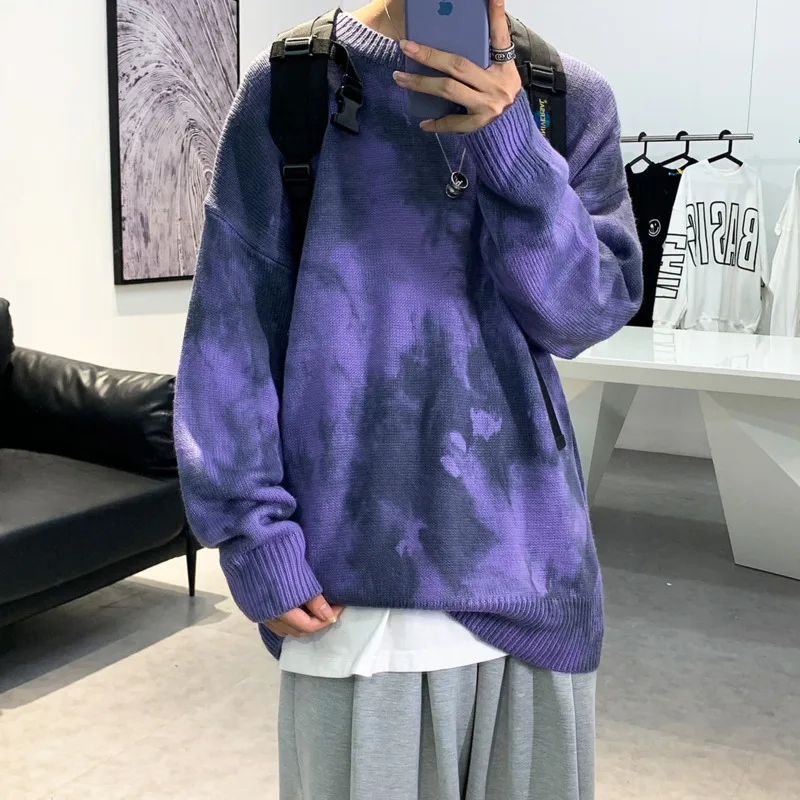 

Winter Tie-dye Sweater Men's Warm Fashion Retro Casual Knitted Pullover Men Wild Loose Korean Knitting Sweaters Mens Clothes