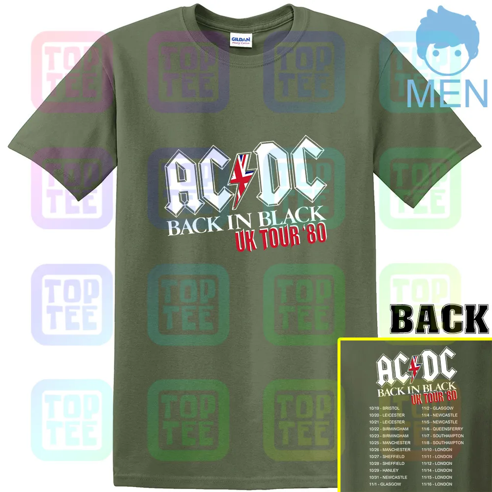 ACDC Back in Black UK Tour 1980 Мужская футболка Винтаж Рок-Группа Альбом Music Merch - Цвет: MEN-ARMY GREEN