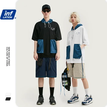 

INFLATION Oversized Men T shirt Hip Hop Men Hooded Tee Shirt Homme Men T shirt With Pocket 250G Streetwear Men T shirt 1123S20