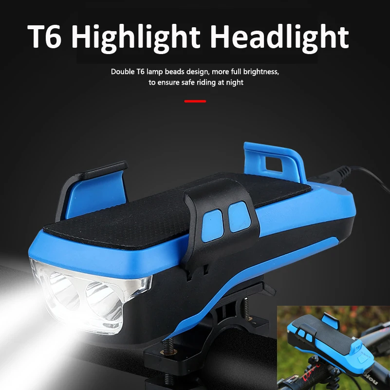 

4 in 1 Multifunction Bike Light Bicycle LED Headlight 4000 mAh with Phone GPS Navigation Holder Handlebar Stand with Bike Bell