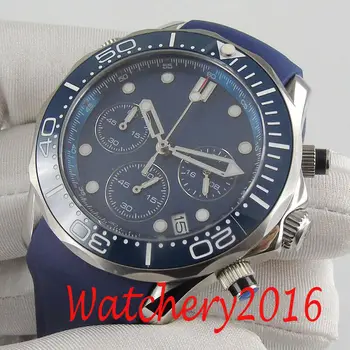 

41mm Quartz mens Watch Sapphire Sterile Chronograph Date Blue dial Rubber Strap