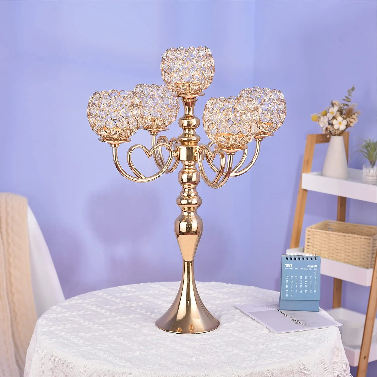 5 Head Glass Candle Holders Candelabra Crystal Metal Candlestick Stand