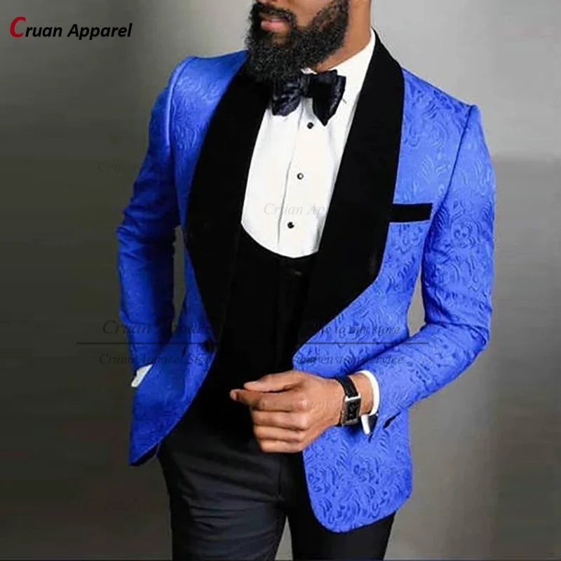 

Tailored-made Royal Blue Jacquard Suit Men Slim Fit Prom Party Wedding Groom Suit Tuxedo Velvet Lapel Blazer Vest Pants 3 Pieces