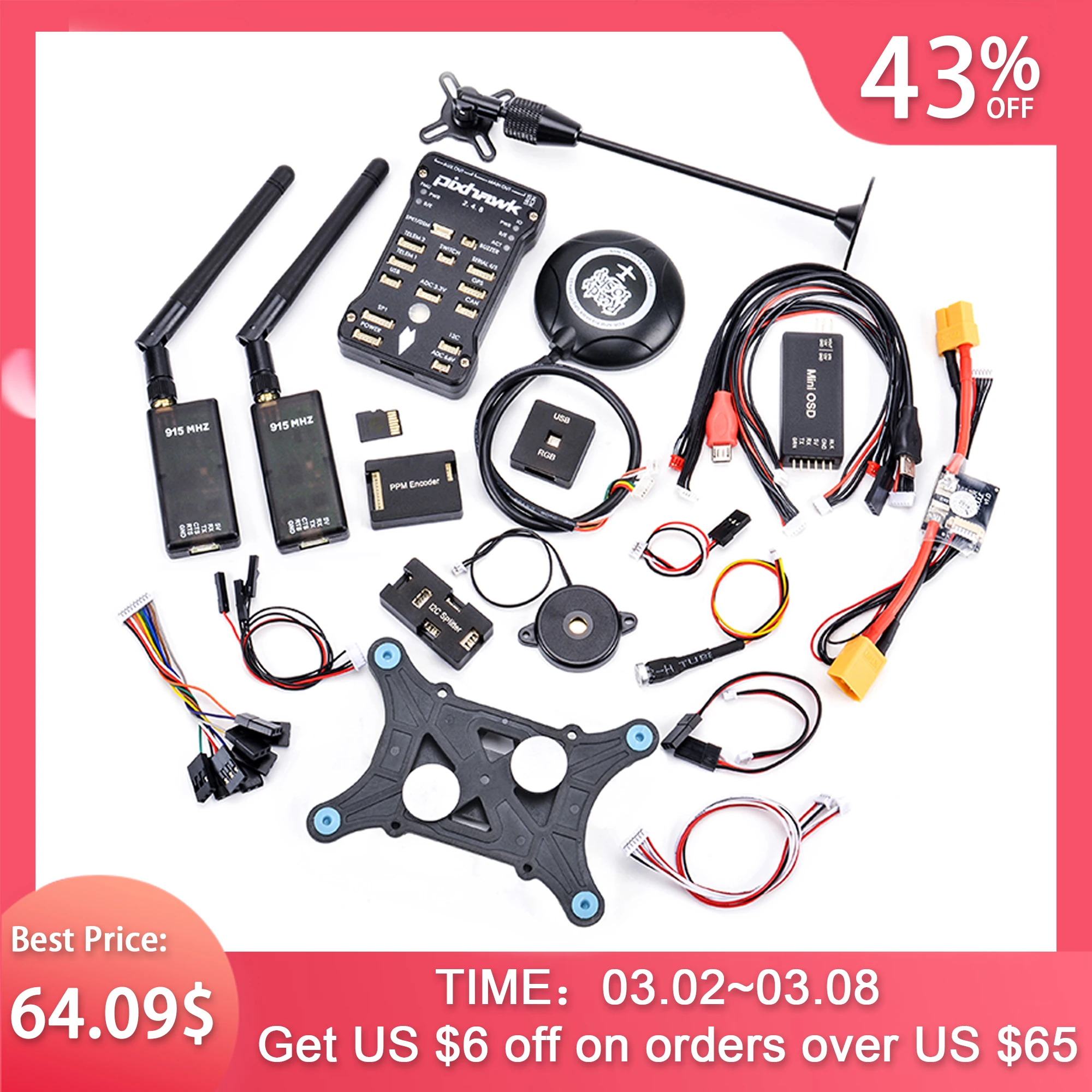 Pixhawk PX4 PIX 2.4.8 32 Bit Flight Controller + 433 / 915 Telemetry+M8N GPS+Minim OSD+PM+Safety Switch+Buzzer+PPM+I2C+ 4G SD