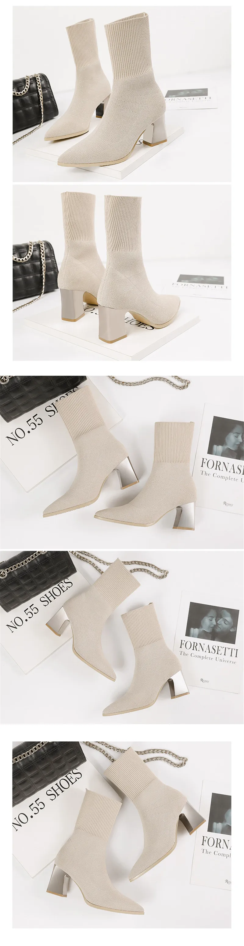Sexy Pointed Toe Ankle Sock Boots For Woman Knit Elastic  Female Western Boots Thick High Heels French Women's Boots Socks Shoes (15)