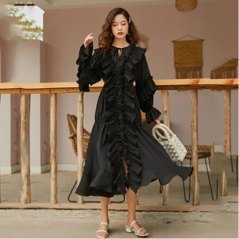 

Korea 2020 New Spring Solid Color Round Collar Mid-length Dress Women Streetwear Loose Lace-up Pleated Fungus Side Dress PD507