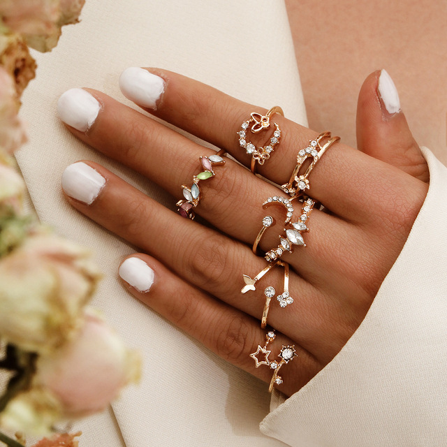 Crystal Geometry Knuckle Finger Ring Set For Women Eye Flower Leaves Charm Chain Rings Female Bohemia Jewelry